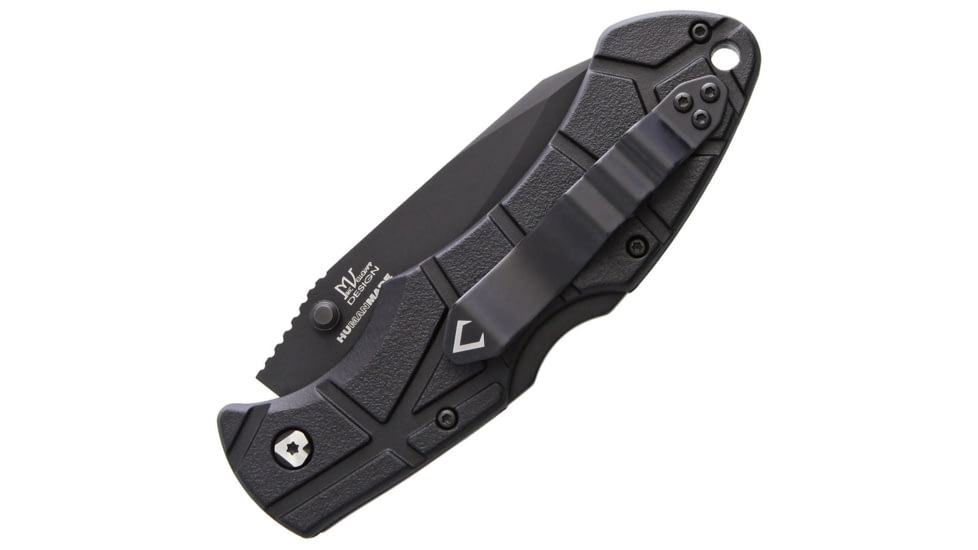 V NIVES Rocky II Lockback Folding Knife, 4.63in Closed, 3.25in Black Partially Serrated D2 Tool Steel Drop Point, Black Sculpted Frn Handle, Thumb Stud, Pocket Clip, Storage Case., V09FRNPSBBK