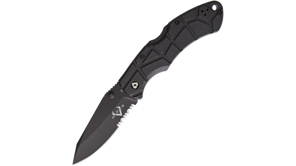 V NIVES Rocky II Lockback Folding Knife, 4.63in Closed, 3.25in Black Partially Serrated D2 Tool Steel Drop Point, Black Sculpted Frn Handle, Thumb Stud, Pocket Clip, Storage Case., V09FRNPSBBK