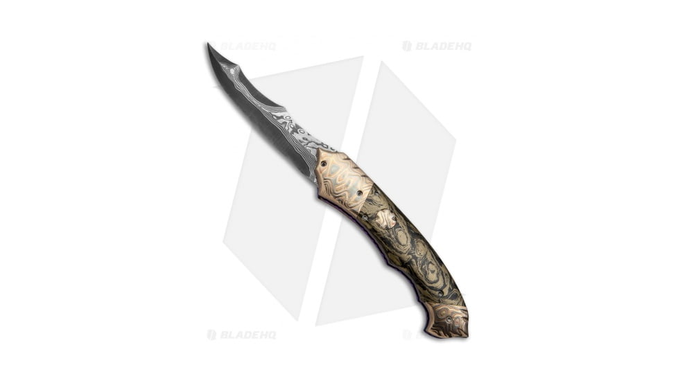 Vallotton Custom Knives Brandon Vallotton Custom Thorn Automatic Folding Knife, 3.25in, Damascus, Clip Point Blade, Mokume, Black/Gold Handle, Black/Gold/Black, 8.125 inch, BHQ-49428
