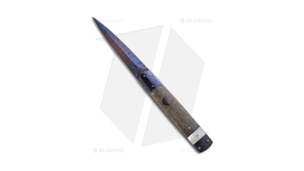 Vallotton Custom Knives Original D&amp;D Automatic Folding Knife, 4.25in, Damascus, Drop Point Blade, Ivory, Blue/Brown Handle, Blue/Brown/Black, 9.25 inch, BHQ-10793