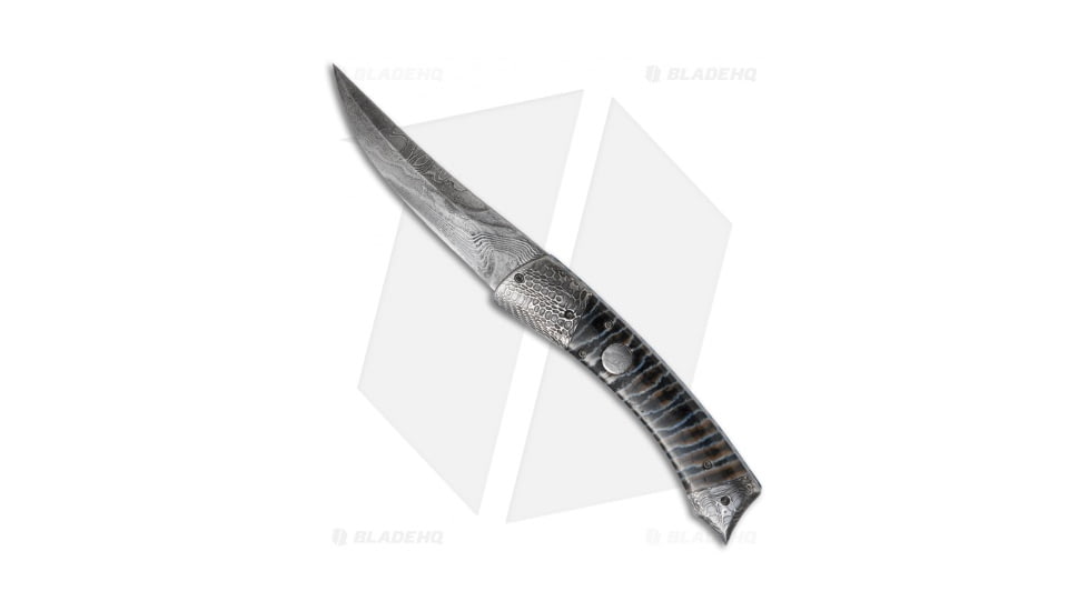 Vallotton Custom Knives Persian w/ Nightmare Automatic Folding Knife, 3.875in, Damascus, Trailing Point Blade, Mammoth, Gray Handle, Gray/Black, 8.875 inch, BHQ-9122