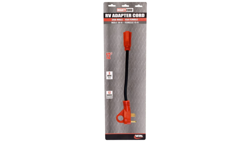 Valterra Mighty Cord 12in Adapter Cord w/ Handle - 30Am - 15Af, Carded, Red, A10-3015HVP