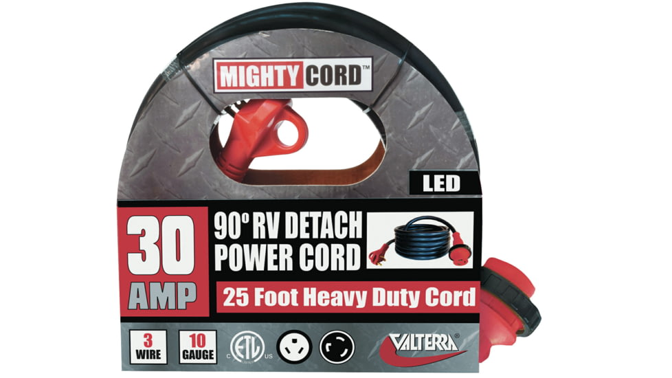 Valterra Mighty Cord 90 deg LED Detachable 30 Amp Power Cord w/ Handle, Red, 25ft, A10-3025ED90
