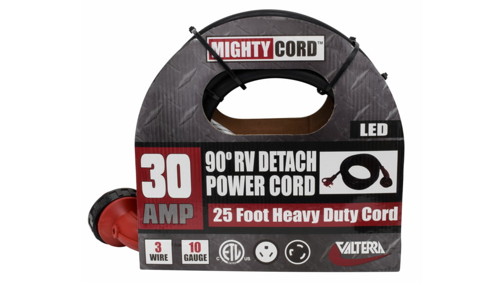 Valterra Mighty Cord 90 deg LED Detachable 30 Amp Power Cord w/ Handle, Red, 25ft, A10-3025ED90