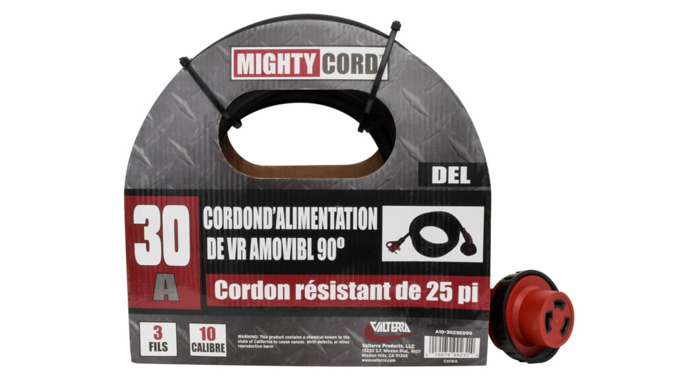 Valterra Mighty Cord 90 deg LED Detachable 30 Amp Power Cord w/ Handle, Red, 25ft, A10-3025ED90