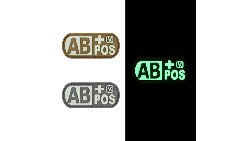 Vanquest Gear Blood Type AB Positive - Glow In The Dark Patch, Wolf Gray, 9ZBLTY-ABPOS-WG-GITD