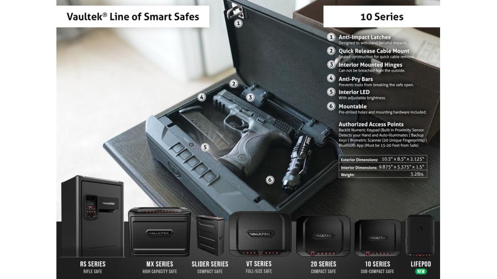 Vaultek Safe VT10 Sub-Compact Rugged Bluetooth Smart Safe, Black, VT10-BK