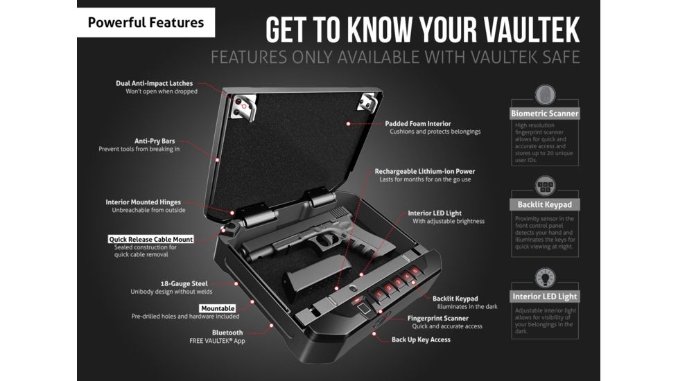 Vaultek Safe VT10i Biometric Bluetooth Smart Safe w/ Auto-Open Lid, Rechargeable Battery, Black, VT10i-BK