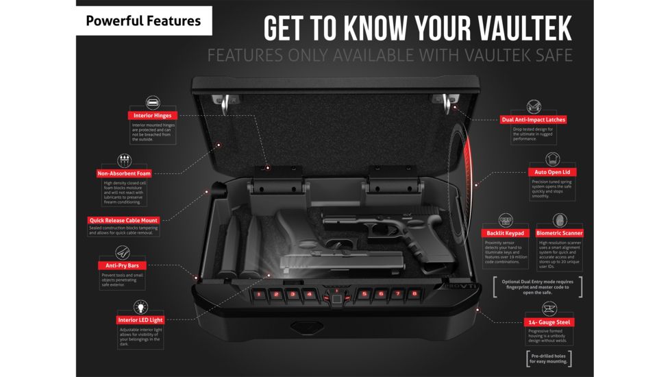 Vaultek Safe VTi Full-Size Biometric Bluetooth Pistol Vault, Black, VTi-BK