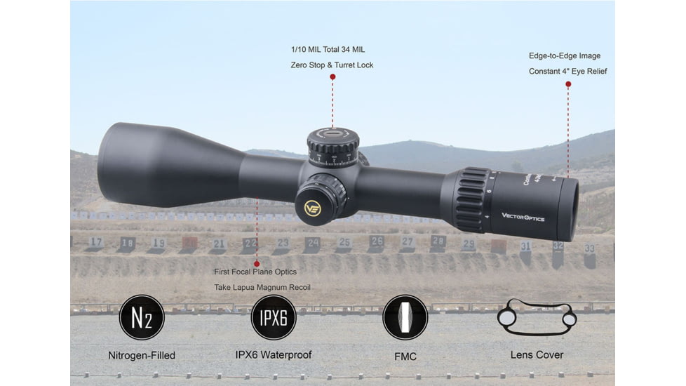 Vector Optics Continental 4-24x56mm Rifle Scope, 34mm, FFP, VCT-34FFP, Nitrogen Purged, Black, SCFF-29