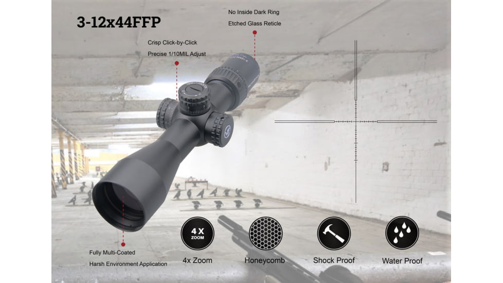 Vector Optics Veyron Rifle Scope, 3-12x44mm, Second Focal Plane, 30mm Tube, MPR-4 Non-Illuminated Reticle, 6061-T6, Black, SCOM-24