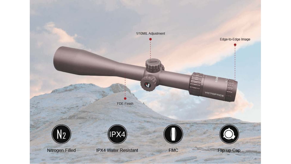EDEMO Vector Optics Victoptics S4 Rifle Scope, 6-24x50mm, 30mm Tube, FFP, VIS-FMIL Etched Glass Reticle, Coyote FDE, Black, OPSL27, EDEMO2