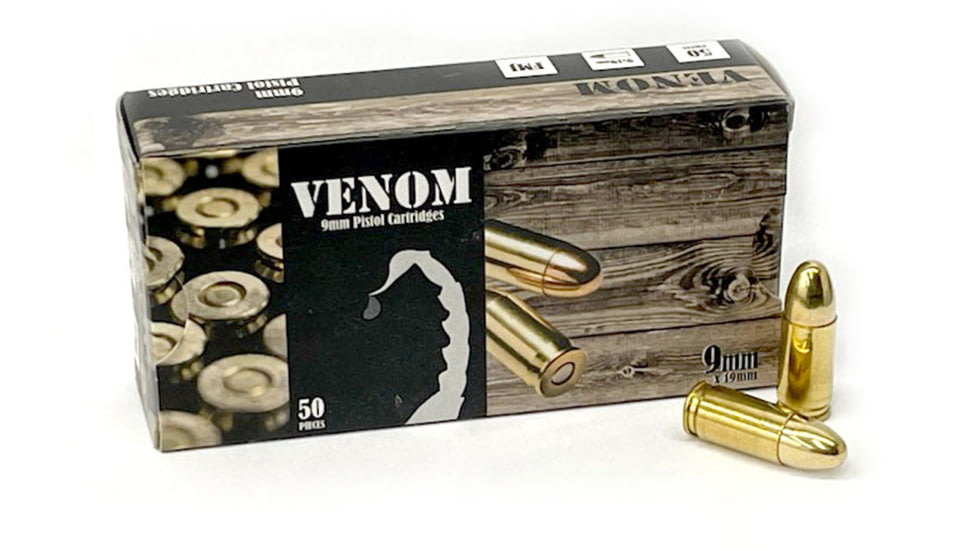 Venom 9mm Luger 115 Grain Full Metal Jacket Brass Cased Centerfire Pistol Ammo, 50 Rounds, Venom9mm115