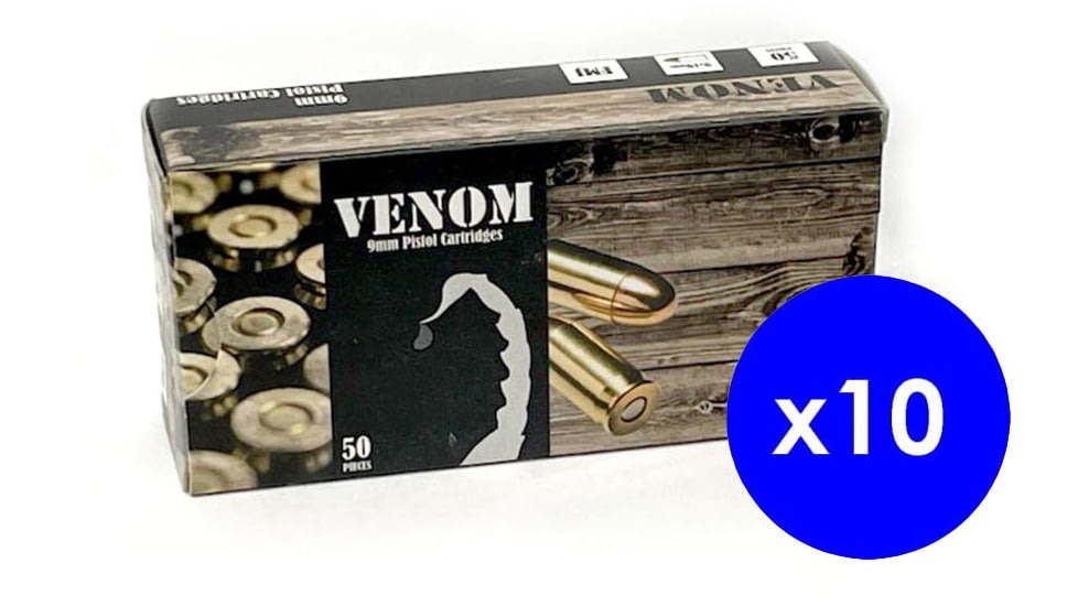 Venom 9mm Luger 115 Grain Full Metal Jacket Brass Cased Centerfire Pistol Ammo, 500 Rounds, Venom9mm115-KIT1