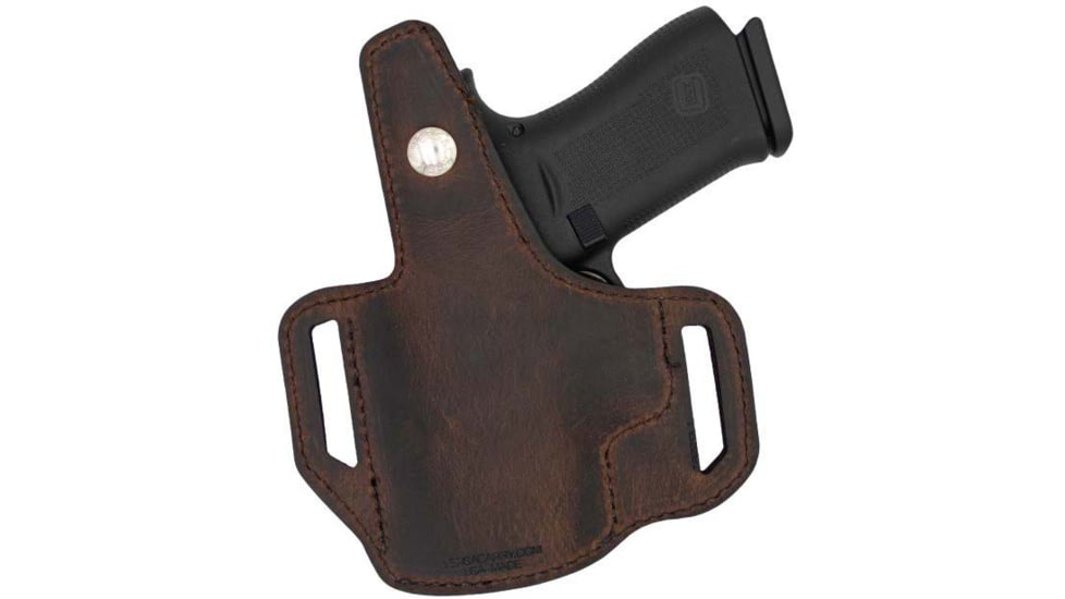 Versacarry Trooper OWB Leather Belt Holster w/Thumb Break, Size 01, Beretta Cheetah 84F/Beretta 92X Full Size/Bersa Thunder Pro 9 Ultra Compact/CZ 97 B, Right Hand, Distressed Brown Base w/ Black Patch, TR2211-2
