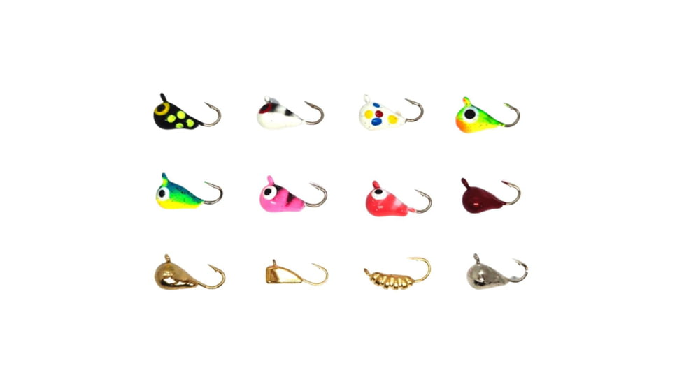 Vexan 12-Pack Tungsten Ice Fishing Jigs, Black, White/Green/Pink/Red/Gold/Silver Glow &amp; Mul, 0.8g, 4mm, GlowMC14HK