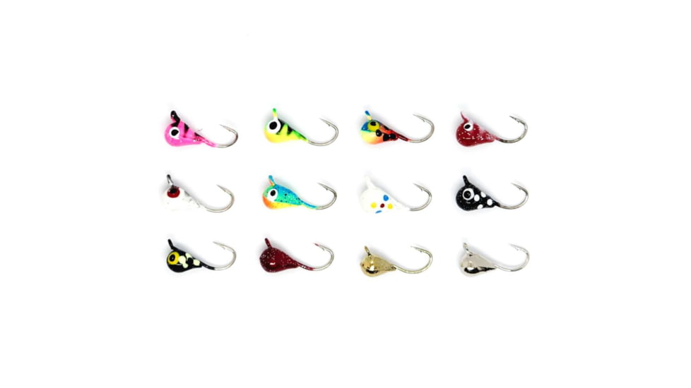 Vexan 12-Pack Tungsten Ice Fishing Jigs, Pink/Yellow/White/Blue/Wonderbread/Black/Red/Gold/, 0.8g, 3mm, GLOWMC3MM
