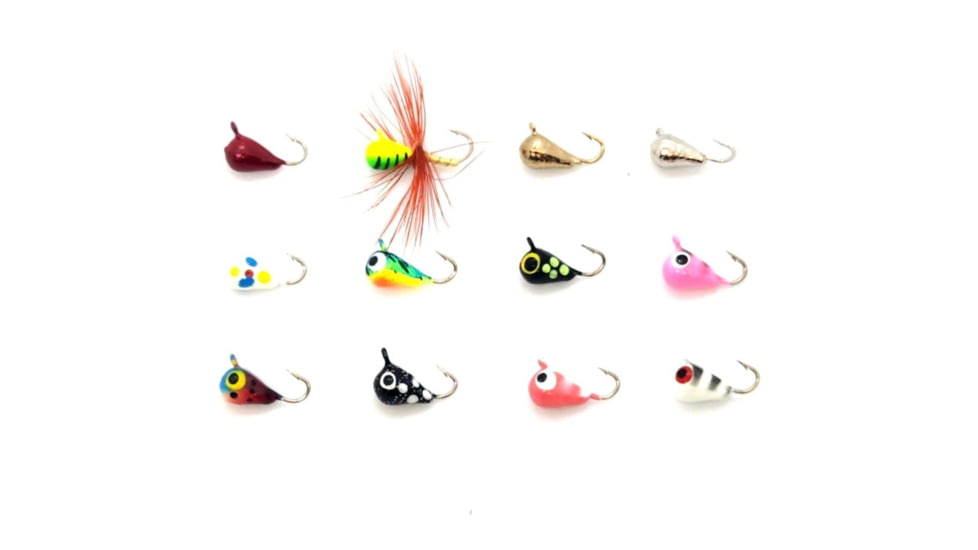 Vexan 12-Pack Tungsten Ice Fishing Jigs, Red/Yellow/Gold/Silver/Wonderbread/Green/Black/Pin, 1.1g, 4mm, Fab 14pk GLTung Jigs