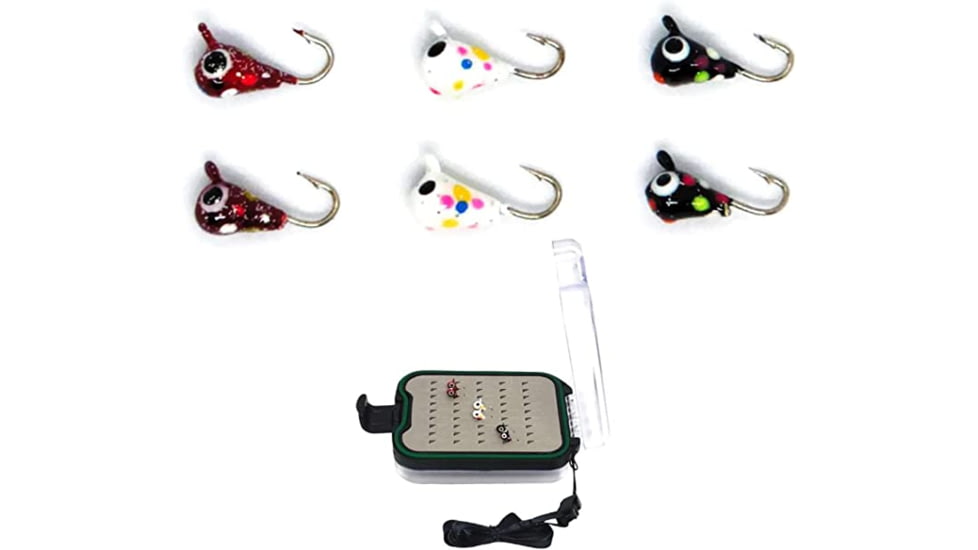 Vexan 6-Pack Tungsten Ice Fishing Jigs w/Small Jig Box, Red/White/Black Wonderbread/Gray/Clear, 0.8g, GlowMCWB16HK SJB