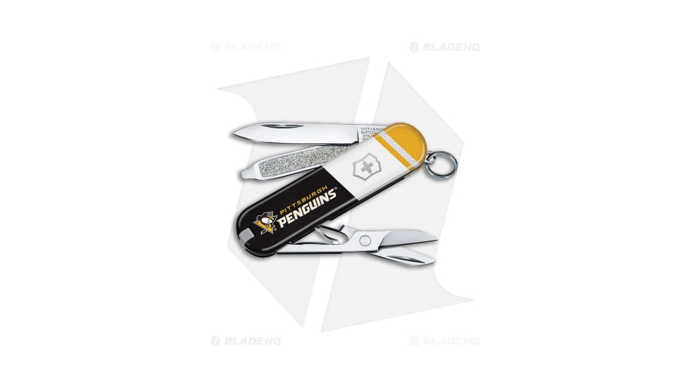 Victorinox Swiss Army Knife Classic SD Folding Knives, 1.55in, Black/White/Yellow Handle, Pittsburgh Penguins, Steel/Black/White/Yellow, 2.25in, BHQ-205627