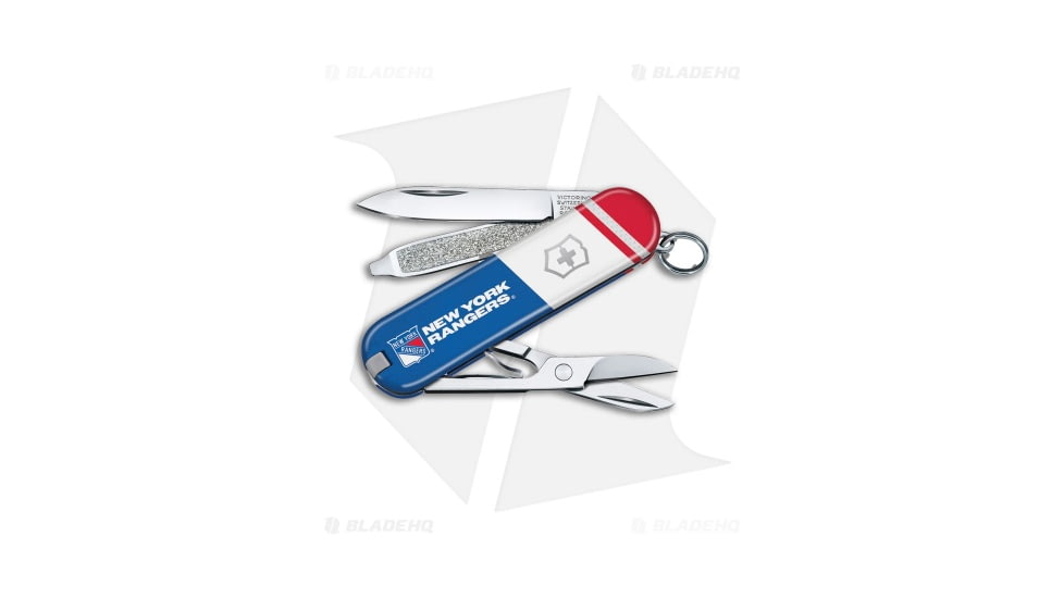 Victorinox Swiss Army Knife Classic SD Folding Knives, 1.55in, Blue/Red/White Handle, New York Rangers, Steel/Blue/Red/White, 2.25in, BHQ-205623