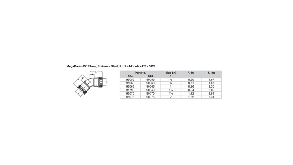 Viega MegaPress 3/4in 45 degrees Stainless Steel 304 Elbow - Double Press Connection - Smart Connect Technology, 95060