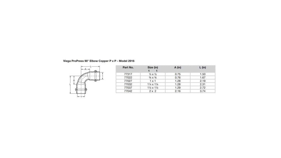 Viega ProPress 1-1/2in - 90 degrees Copper Elbow - Double Press Connection - Smart Connect Technology, 77037