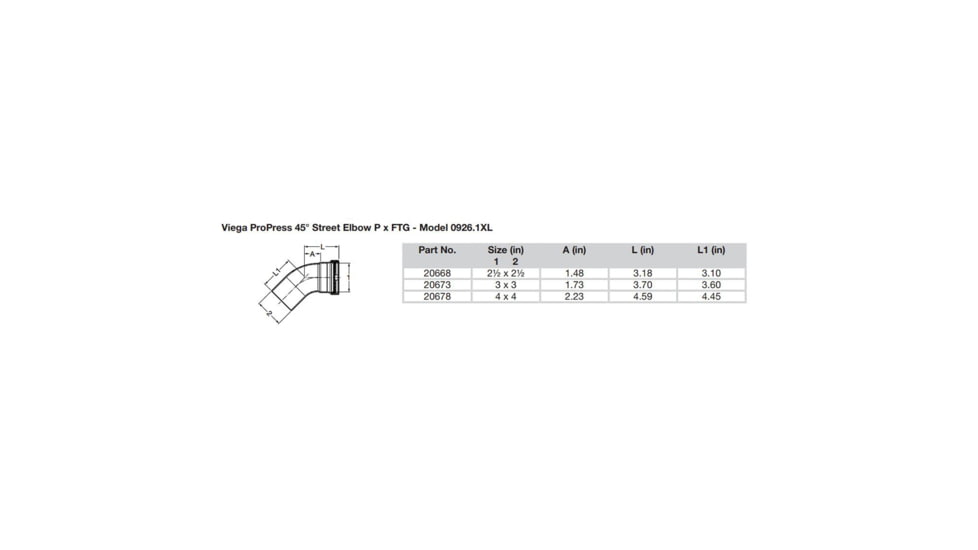Viega ProPress XL - 2-1/2in - 45 degrees Copper Elbow - Street/Press Connection - Smart Connect Technology, 20668
