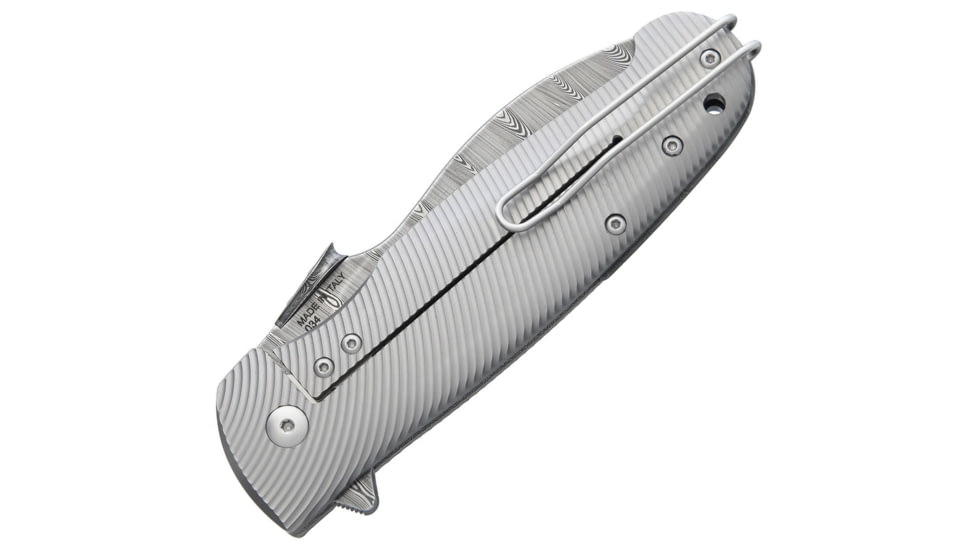 Viper Italo Damascus Folding Knife, Italo Framelock, 5in Closed, 3.75in Damascus Steel Blade, Gray Grooved Titanium Handle, Brown Leather Sheath, Designed By Fabrizio Silvestrelli, VA5944TI