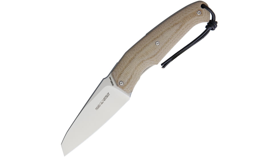 Viper Novis Linerlock Folding Knife, 4in Closed, 3in Satin Bohler M390 SS Blade, Tan Canvas Micarta Handle, Black Leather Pouch, V5972CM