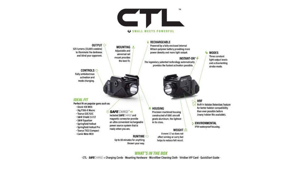 Viridian Weapon Technologies CTL Custom 580 Lumen LED Tactical Light w/ INSTANT-ON &amp; SafeCharge Power Bank, Lithium Ion, Black, 930-0043