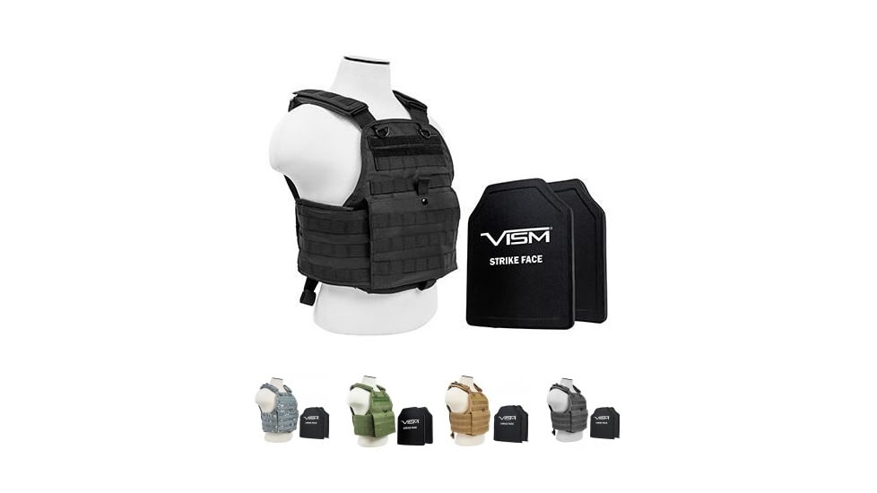 Vism 2924 Series Plate Carrier Vest w/ Two Ballistic Plates, Black, Digital Camo, Green, Tan, Urban Gray