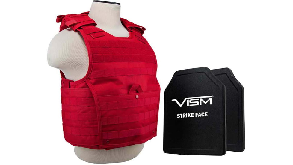 VISM Expert Plate Carrier Vest w/Two 10X12 LVL III+ Shooters Cut Hard Ballistic Plates, Med - 2XL, Red, BPCVPCVX2963R-A