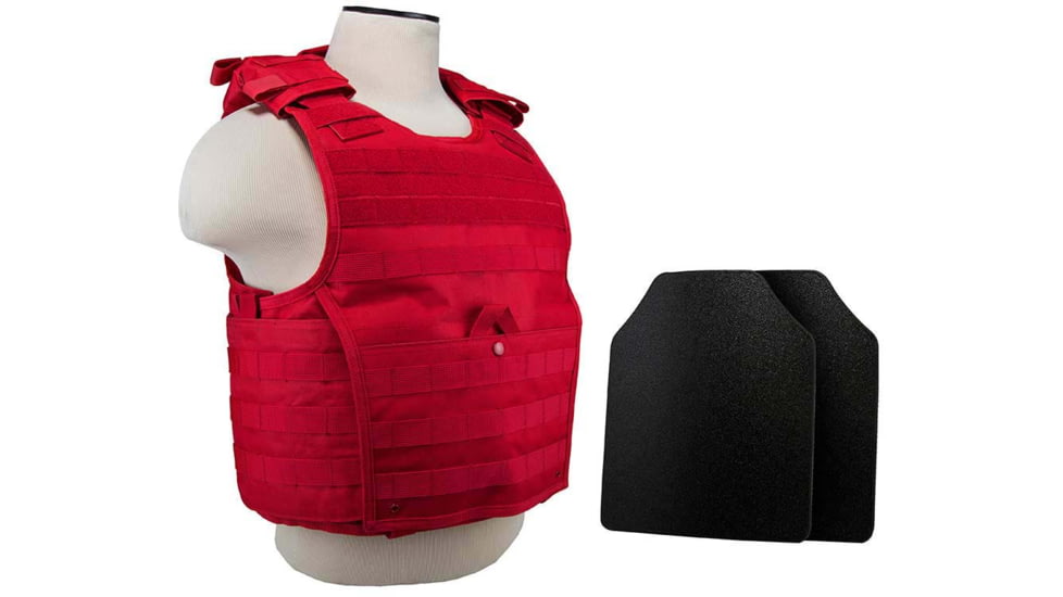 VISM Expert Plate Carrier Vest w/Two 10X12 LVL IIIA Shooters Cut Hard Ballistic Plates, Med - 2XL, Red, BUCCVPCVX2963R-A