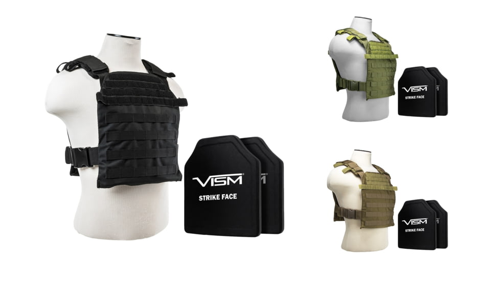 Vism Fast Plate Carrier w/2 10x12in Level III and PE Shooters Cut Hard Ballistic Plates, Black, Green, Tan