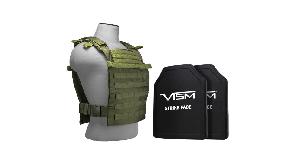 Vism Larger Fast Plate Carrier w/2 11x14in Level III and PE Shooters Cut Hard Ballistic Plates, Green BPLCVPCFL2995G-A