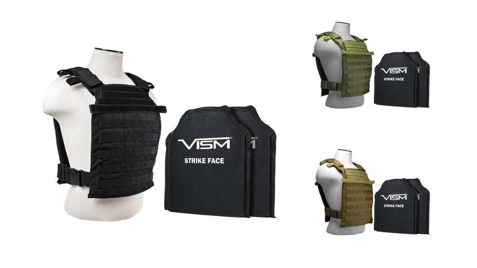 Vism Larger Fast Plate Carrier w/2 11x14in Level IIIA Shooters Cut Soft Ballistic Panels, Black, Green, Tan
