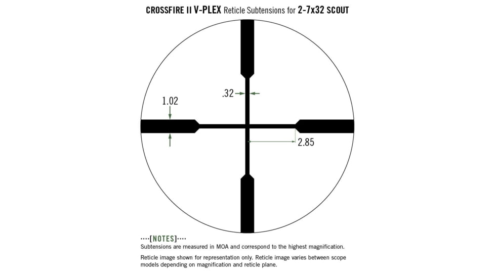 Vortex Crossfire II 2-7x32mm Rifle Scope, 1 in Tube, Second Focal Plane, Black, Hard Anodized, Non-Illuminated V-Plex Reticle, MOA Adjustment, CF2-31002