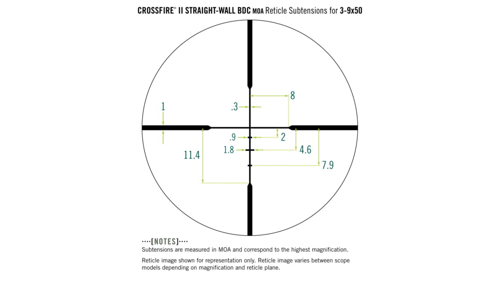 Vortex Crossfire II Straight-Wall 3-9x50 mm Rifle Scope, 1 in Tube, Second Focal Plane, Black, Anodized, Non-Illuminated Straight-Wall BDC Reticle, MOA Adjustment, CF2-31011SW