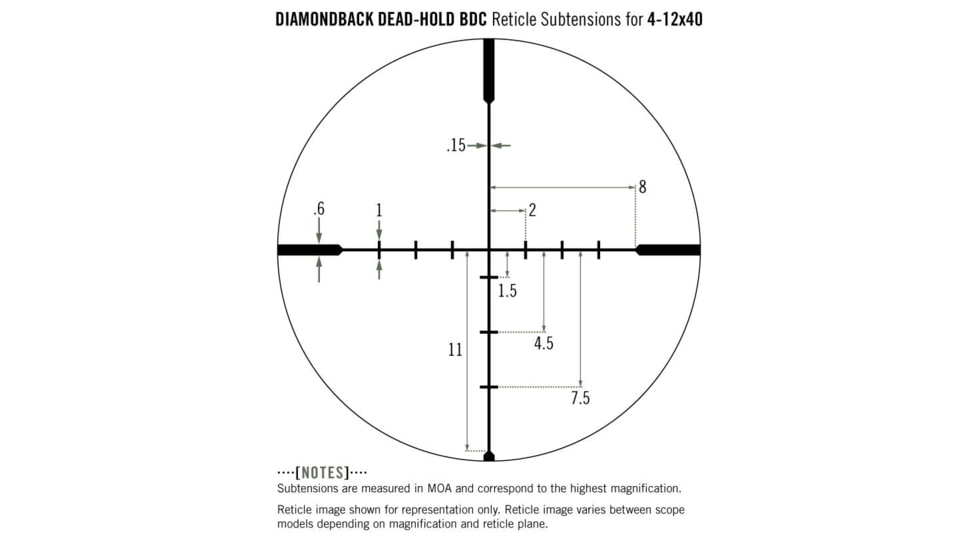 Vortex Diamondback 4-12x40mm Rifle Scope, 1 in Tube, Second Focal Plane, Black, Hard Anodized, Non-Illuminated Dead-Hold BDC Reticle, MOA Adjustment, DBK-04-BDC