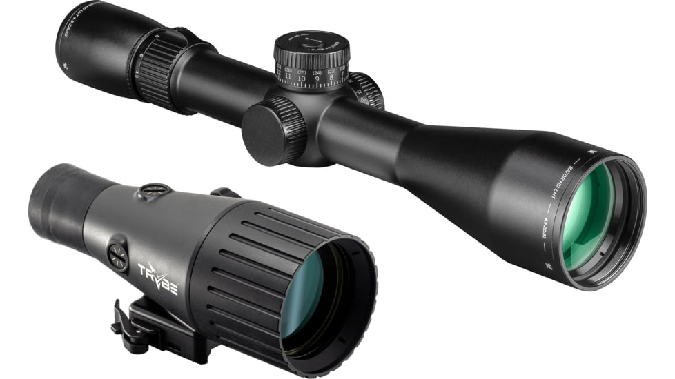 Vortex Razor HD LHT 4.5-22x50mm Rifle Scope, 30mm Tube, First Focal Plane, Red XLR-2 MOA Reticle and TRYBE Optics Enhancer Rifle Scope Magnification Quadrupler