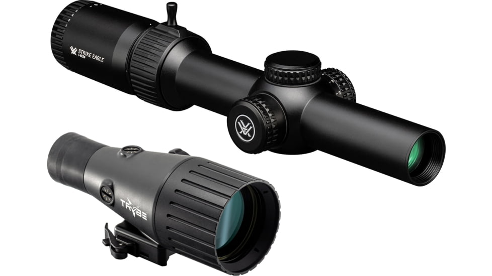 Vortex Strike Eagle 1-6x24mm Rifle Scope, 30mm Tube, Second Focal Plane, Black, Red AR-BDC3 Reticle and TRYBE Optics Enhancer Rifle Scope Magnification Quadrupler