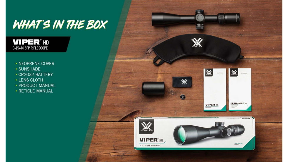 Vortex Viper HD 3-15x44 Rifle Scope, 30mm Tube, Second Focal Plane, Dead-Hold BDC MOA Reticle, Black, VPR-31501