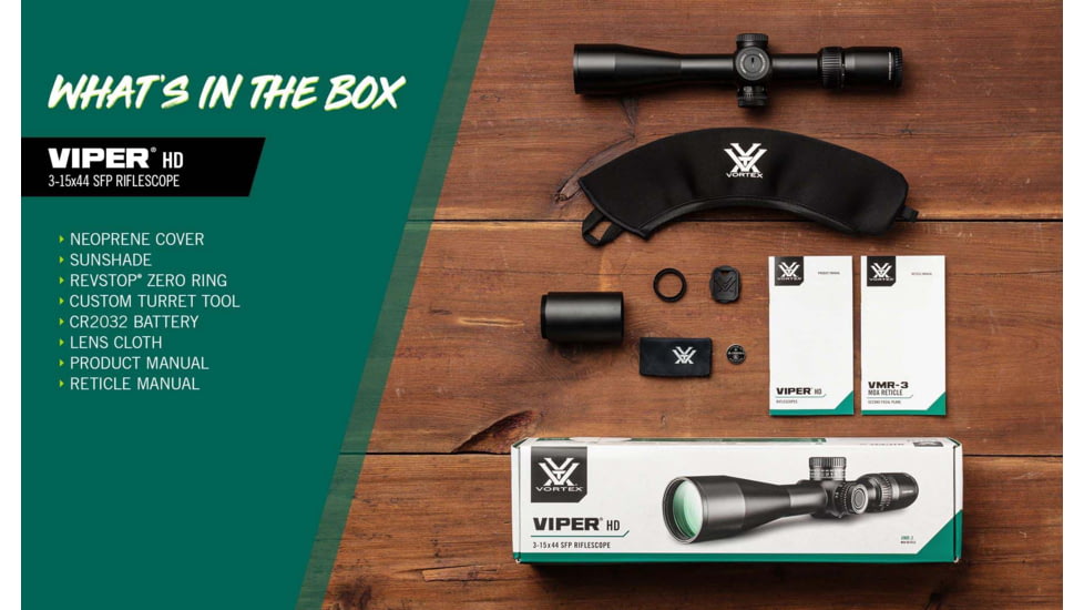 Vortex Viper HD 3-15x44 Rifle Scope, 30mm Tube, Second Focal Plane, VMR-3 MOA Reticle, Black, VPR-31502