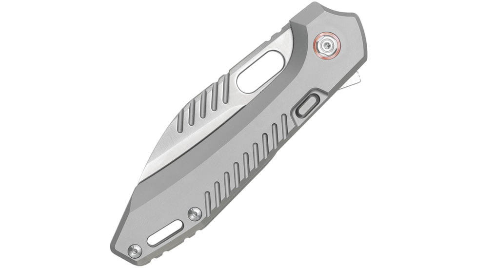 Vosteed RSKAOS Top Satin Wharncliffe Folding Knife, 5in Closed, 3.5in Satin Bohler M390 SS Wharncliffe Blade, Gray Satin Titanium Handle, MHET2