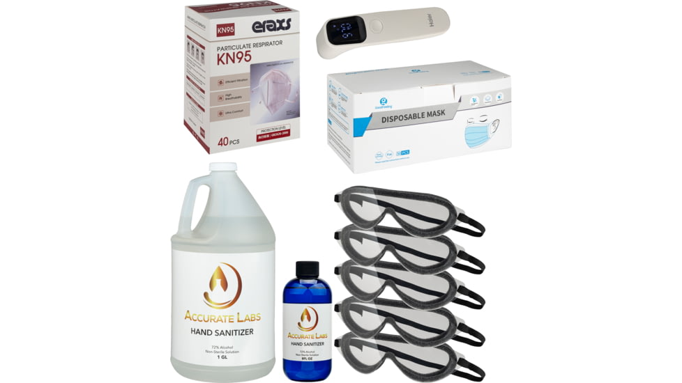 Vtrap Disposable Medical Mask, Box of 50 &amp; Box of 40, w/ 1gal and 8oz Hand Sanitizers, Body Thermometer and IDC Goggle