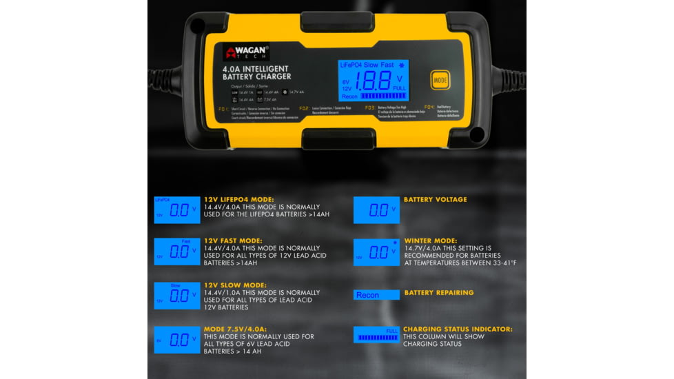 Wagan 4A Intelligent Battery Charger, Yellow, One Size, EL7403