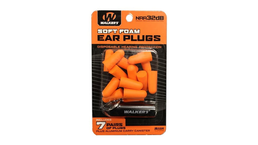Walkers Foam Ear Plug w/Black Aluminum Carry Canister, 32 dB NRR, 7-Pairs, Neon Orange, GWP-PLGCAN-OR