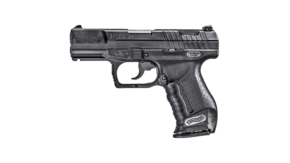 Walther P99 AS Pistol, 9mm Luger, 4 in barrel, black polymer frame, integrated polymer grip, recoil operated semi-automatic, white 3-dot adjustable, 15 round magazine, P99 AS-1-FRRMPG
