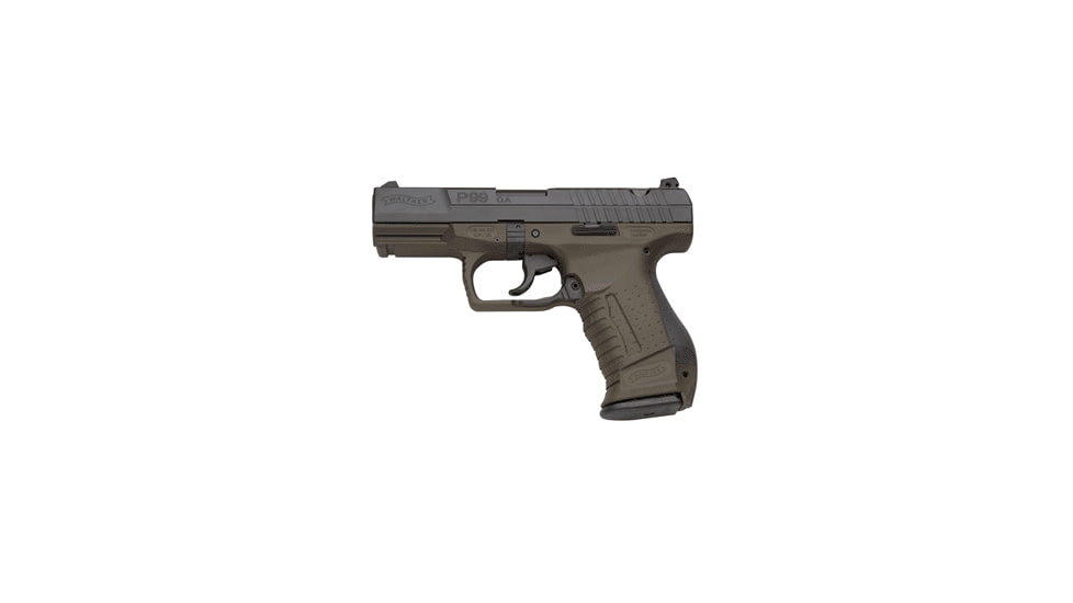 Walther P99-Military Pistol, 9mm Luger, 4 in barrel, green polymer frame, integrated polymer grip, recoil operated semi-automatic, striker single-action, slide mounted decock button, white 3-dot adjustable, 16 round magazine, WA-P99-MLTRY-2-FRRMPG